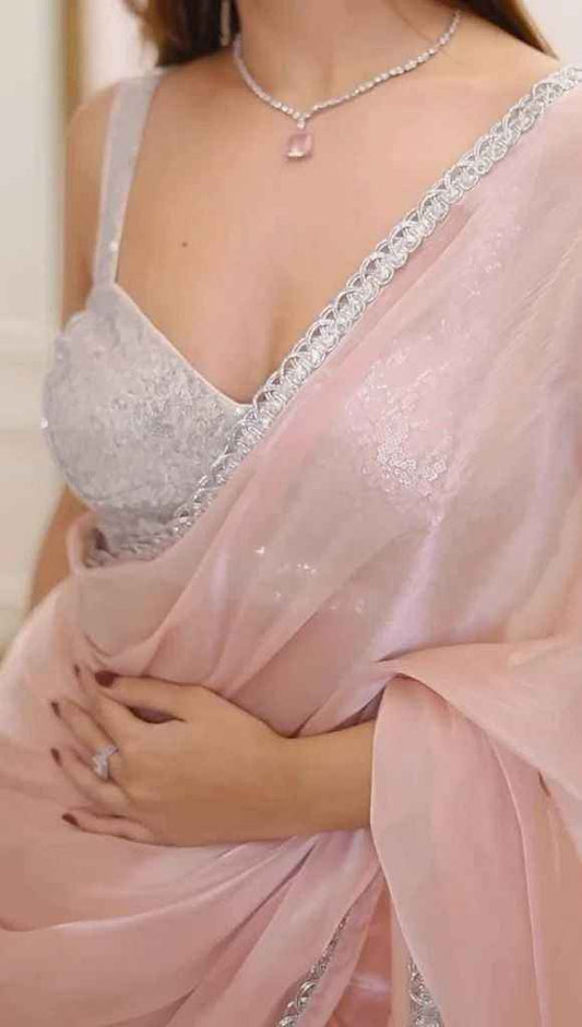 Elegant Fendy Satin Saree with Sequins Embroidered Blouse & Lace Border