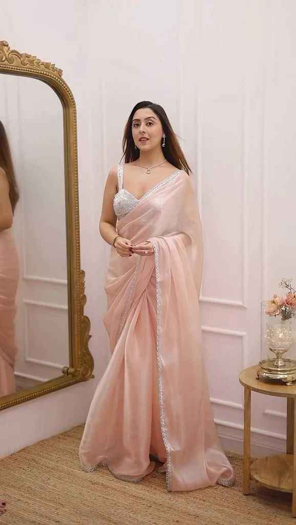 Elegant Fendy Satin Saree with Sequins Embroidered Blouse & Lace Border