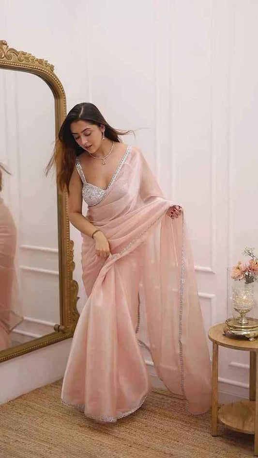 Elegant Fendy Satin Saree with Sequins Embroidered Blouse & Lace Border