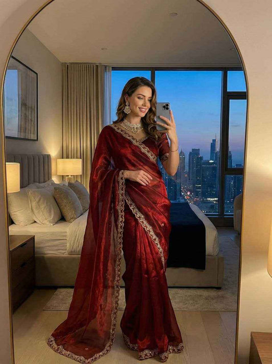 Designer Fendy Satin Saree with Cutdana & Sequin Work