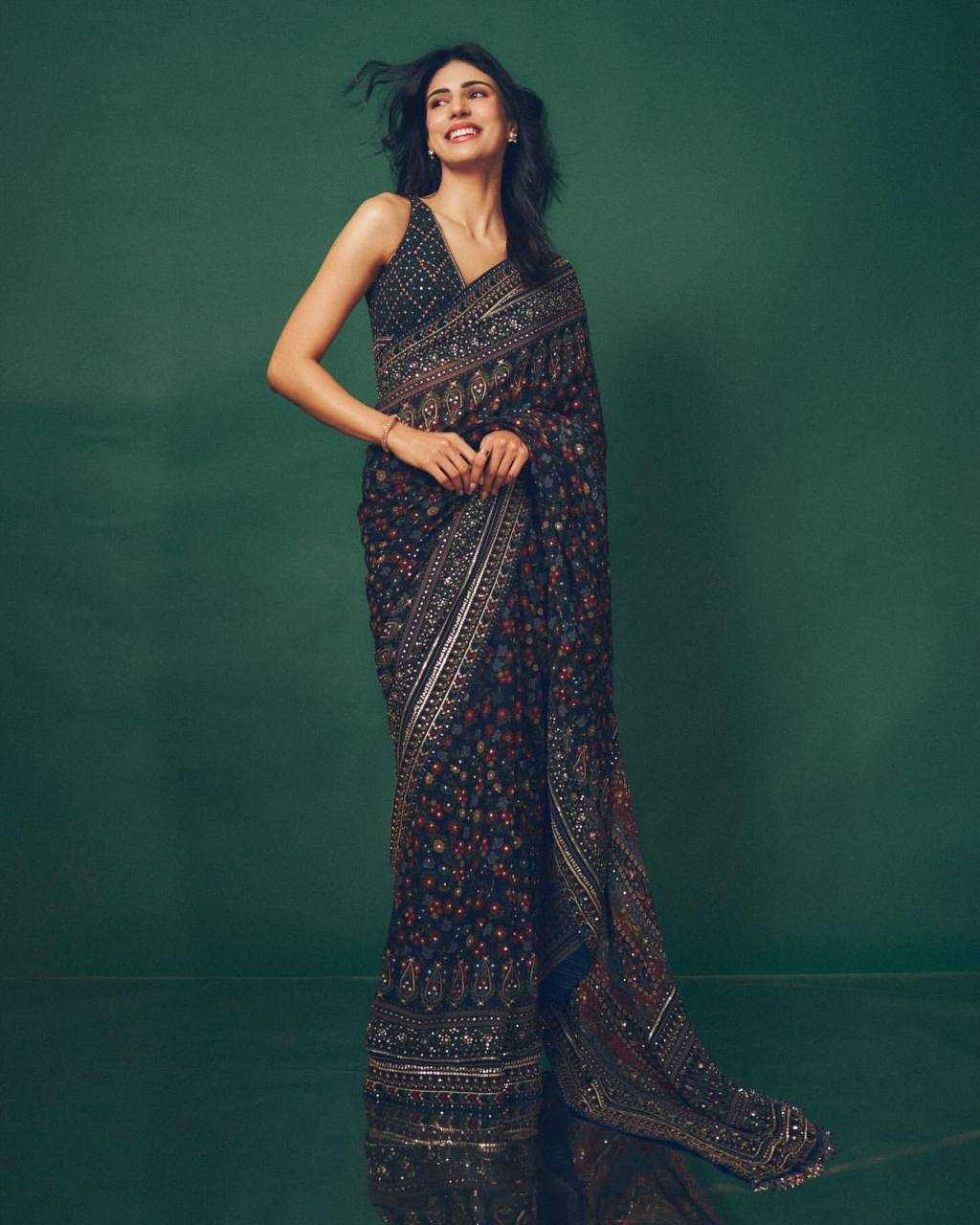 Pure Georgette Sequin Embroidered Saree - House of ViDi