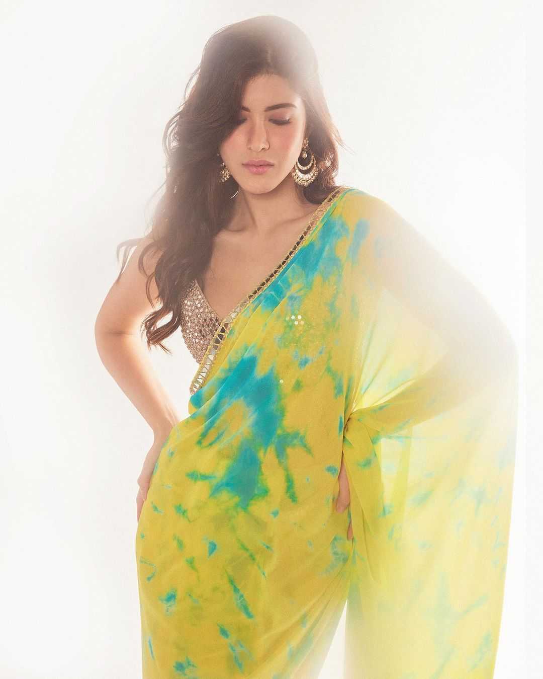 Yellow Designer Georgette Saree with Digital Floral Print & Sequins Embroidered Ready Blouse