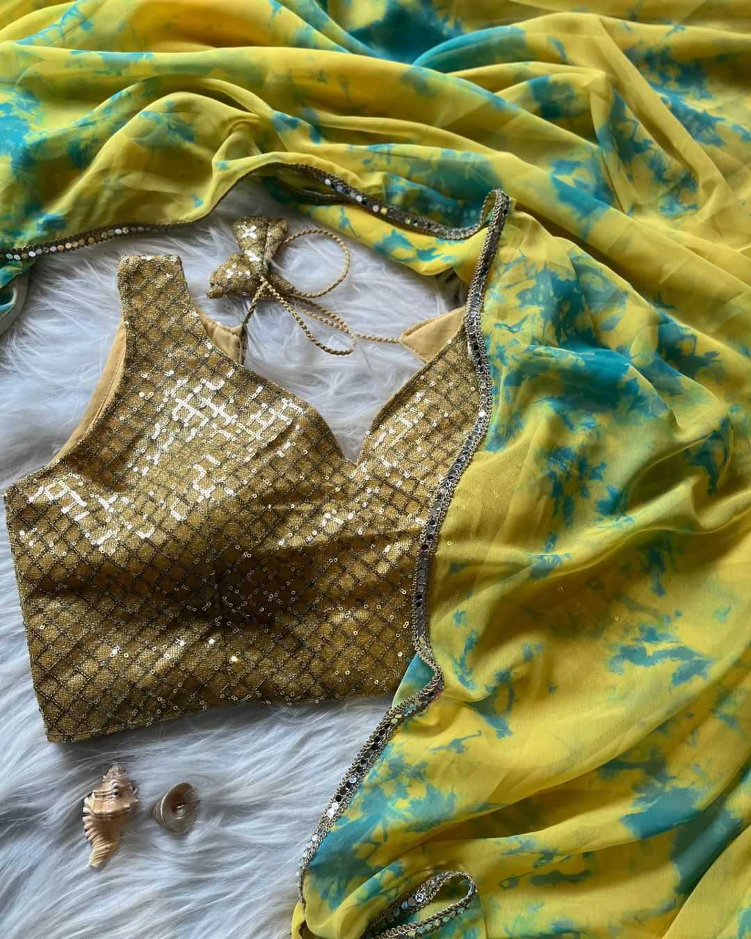 Yellow Designer Georgette Saree with Digital Floral Print & Sequins Embroidered Ready Blouse