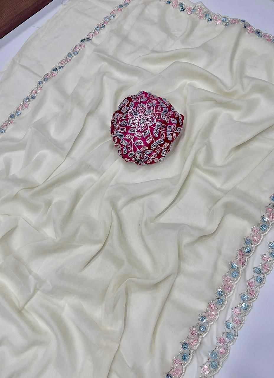 White Elegant Star Satin Georgette Saree with Handwork Border & Designer Satin Blouse - House of ViDi