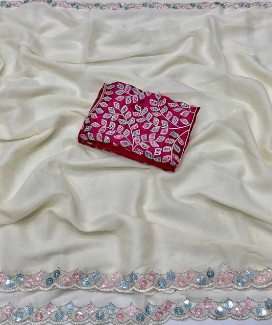 White Elegant Star Satin Georgette Saree with Handwork Border & Designer Satin Blouse - House of ViDi