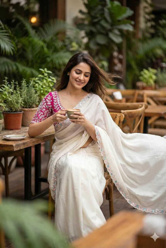 White Elegant Star Satin Georgette Saree with Handwork Border & Designer Satin Blouse - House of ViDi