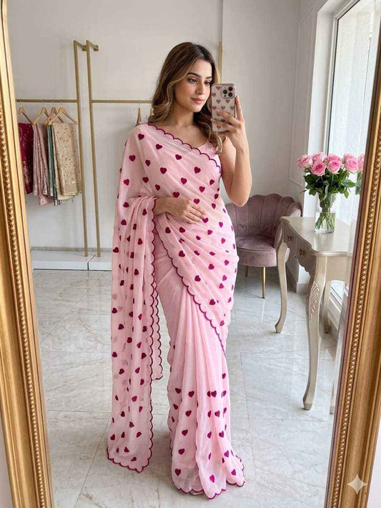 Designer Heart Embroidered Georgette Saree with Scallop Border