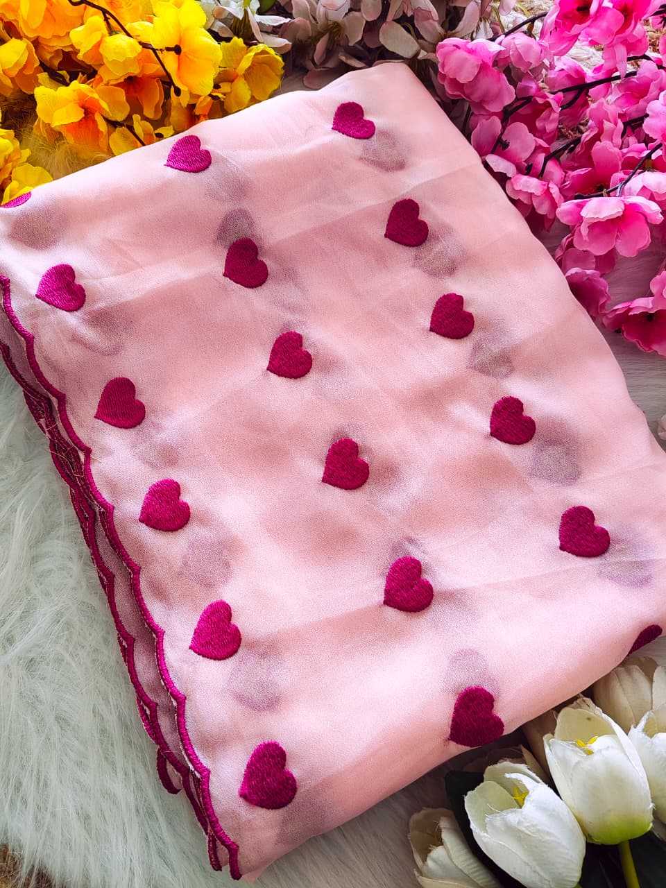 Designer Heart Embroidered Georgette Saree with Scallop Border