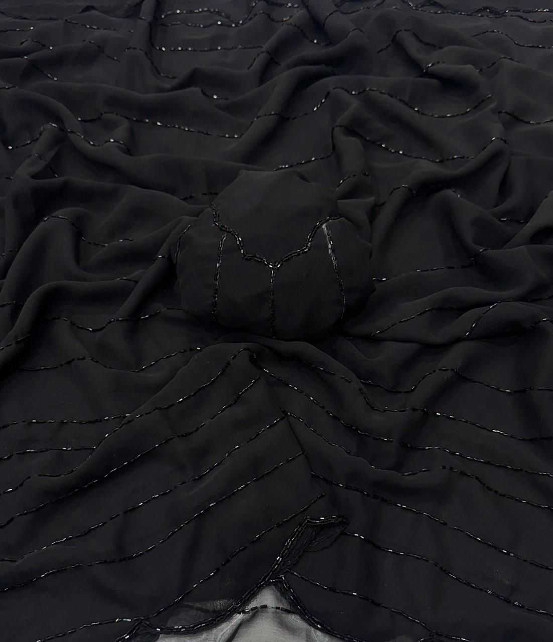Black Georgette Saree with Khatli Cut Dana & Diamond Handwork - House of ViDi