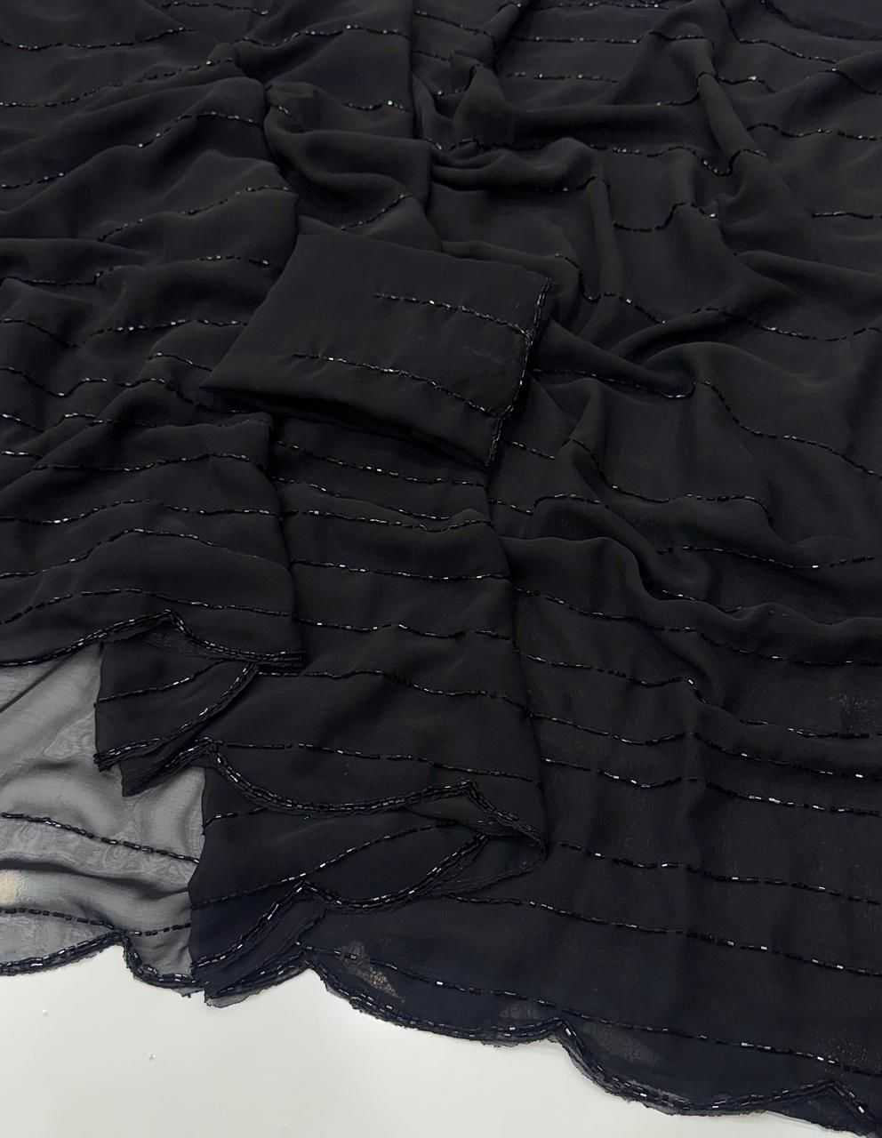 Black Georgette Saree with Khatli Cut Dana & Diamond Handwork - House of ViDi