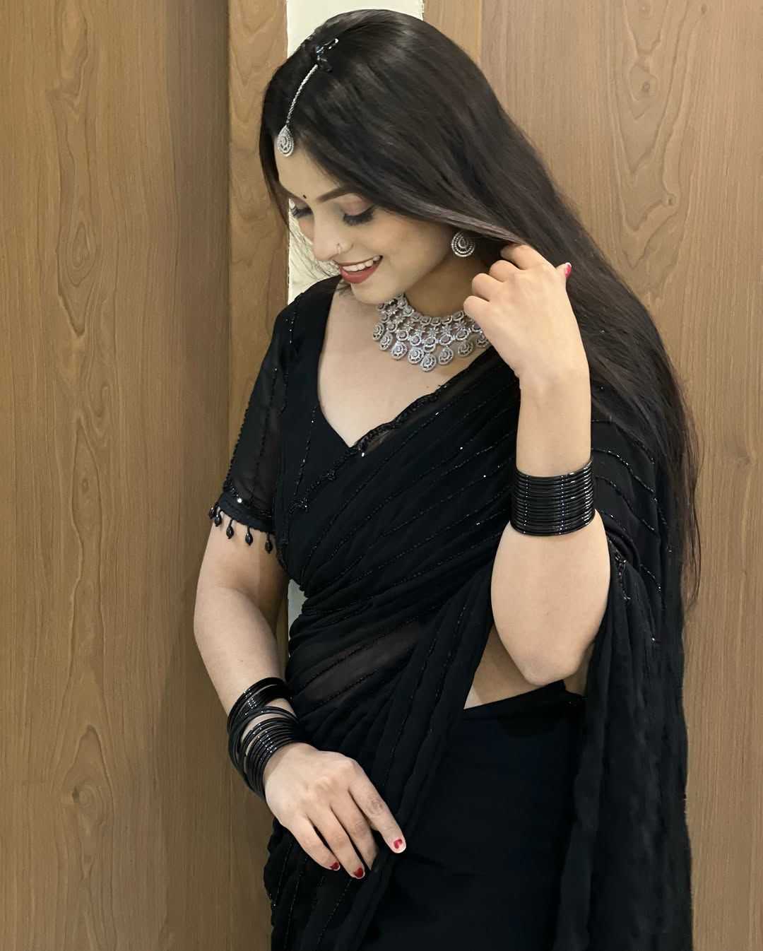Black Georgette Saree with Khatli Cut Dana & Diamond Handwork - House of ViDi