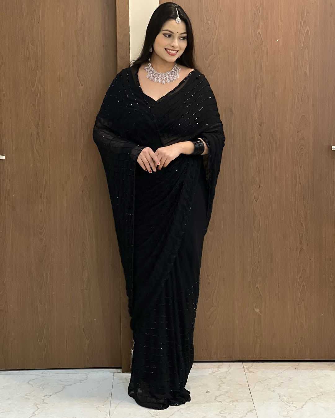 Black Georgette Saree with Khatli Cut Dana & Diamond Handwork - House of ViDi