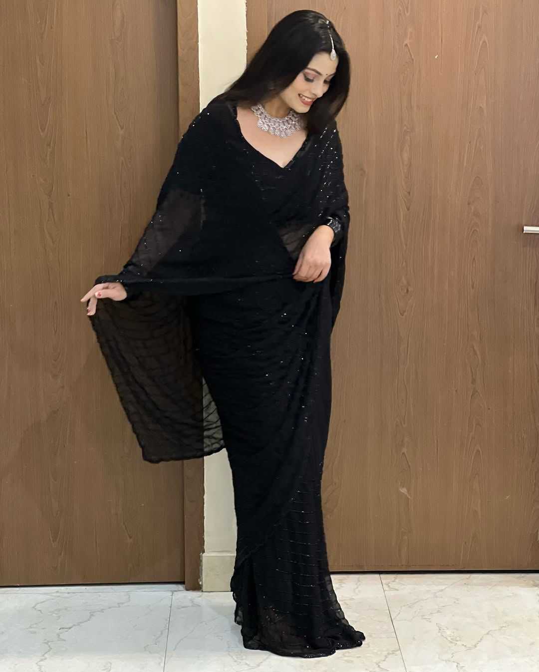Black Georgette Saree with Khatli Cut Dana & Diamond Handwork - House of ViDi