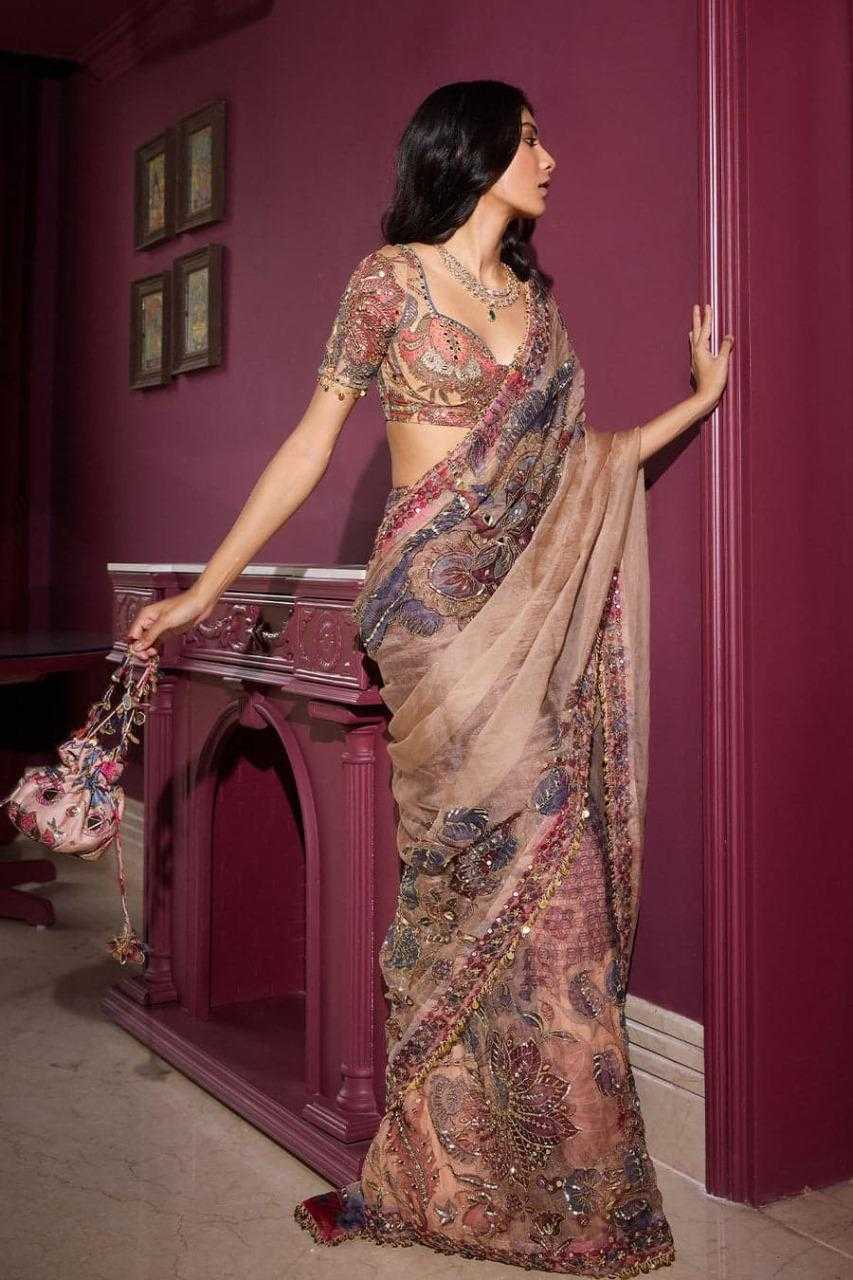 Soft Georgette Printed Mirror Work Saree - House of ViDi