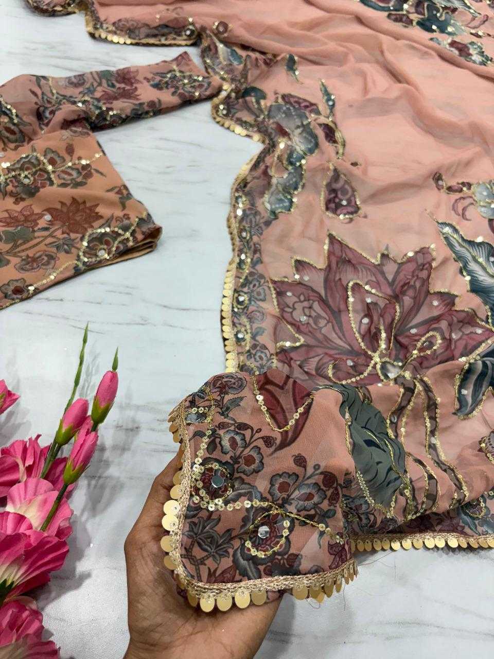 Soft Georgette Printed Mirror Work Saree - House of ViDi