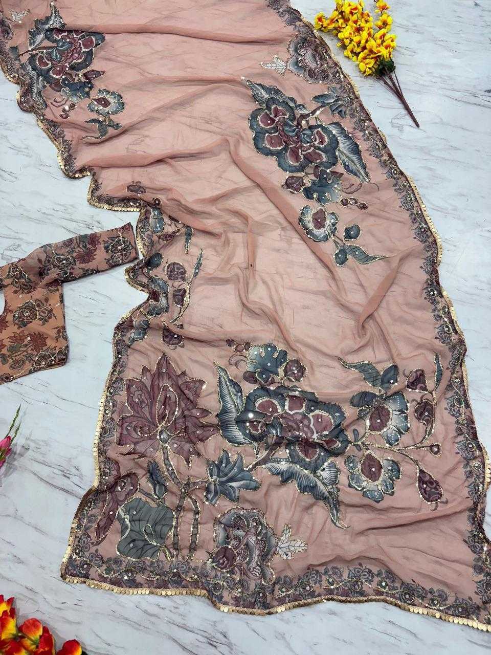 Soft Georgette Printed Mirror Work Saree - House of ViDi