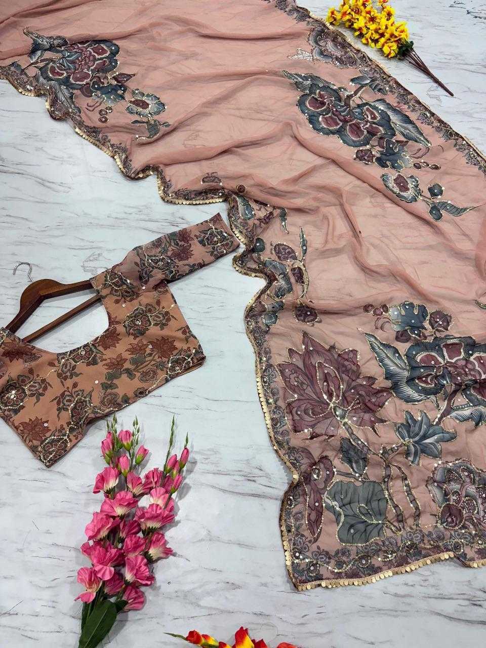 Soft Georgette Printed Mirror Work Saree - House of ViDi