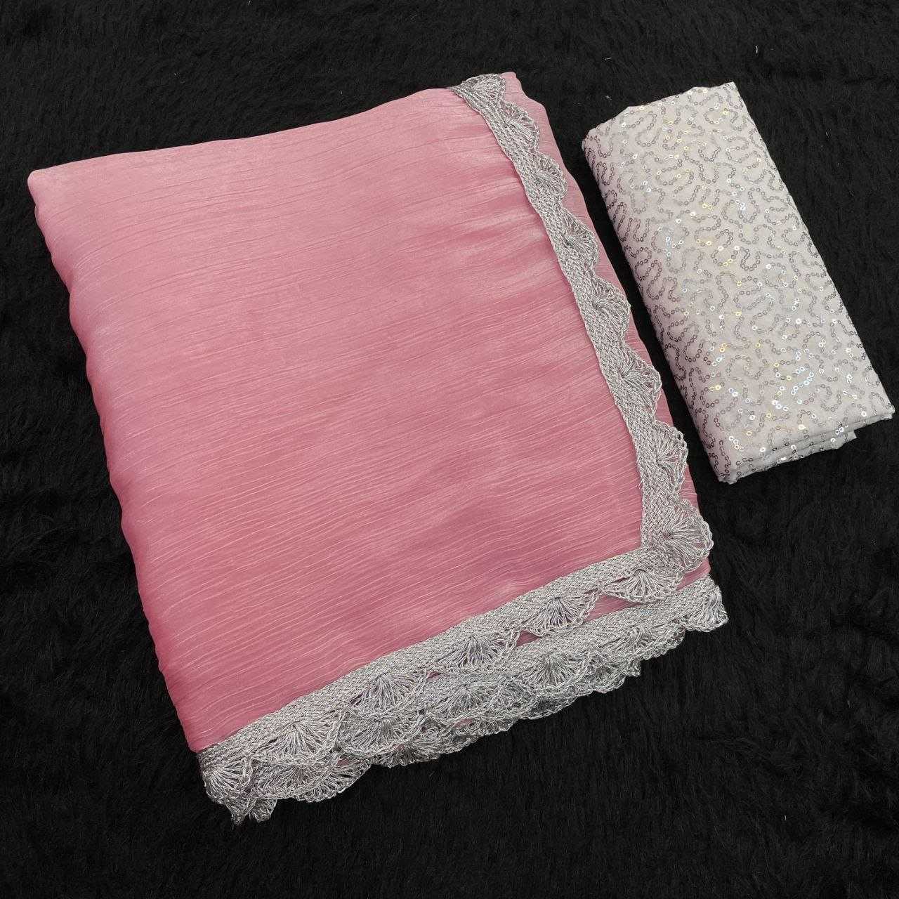 Blush Pink Jimmy Choo Saree with Silver Lace Border & Designer Sequin Blouse