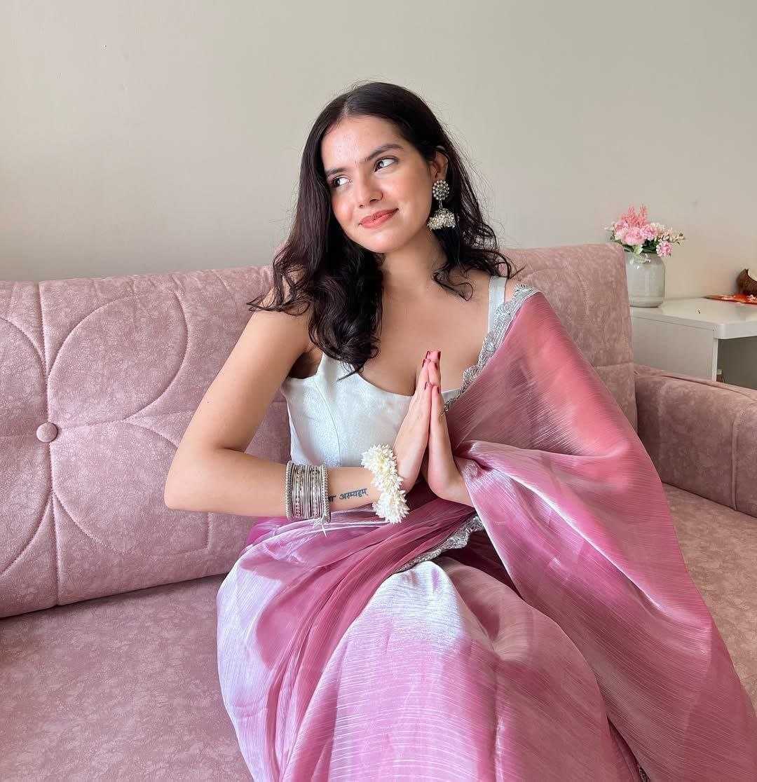 Blush Pink Jimmy Choo Saree with Silver Lace Border & Designer Sequin Blouse