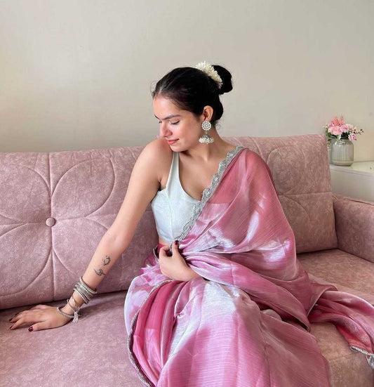 Blush Pink Jimmy Choo Saree with Silver Lace Border & Designer Sequin Blouse