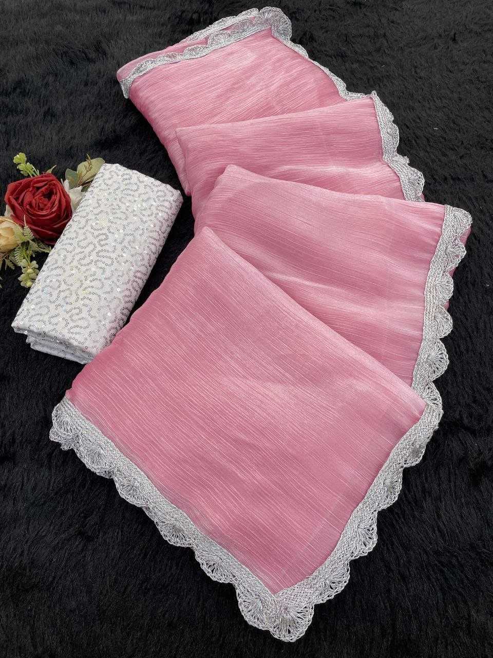 Blush Pink Jimmy Choo Saree with Silver Lace Border & Designer Sequin Blouse