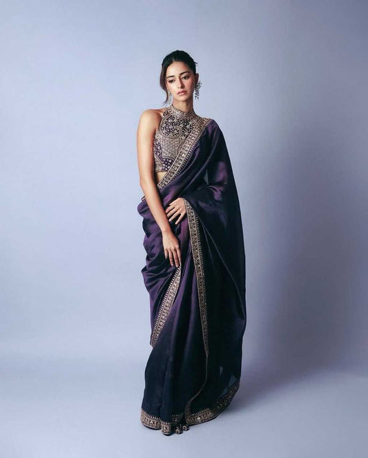 Ananya Pandey Purple Jimmy Choo Saree with Thread & Sequin Embroidery – Designer Party Wear - House of ViDi