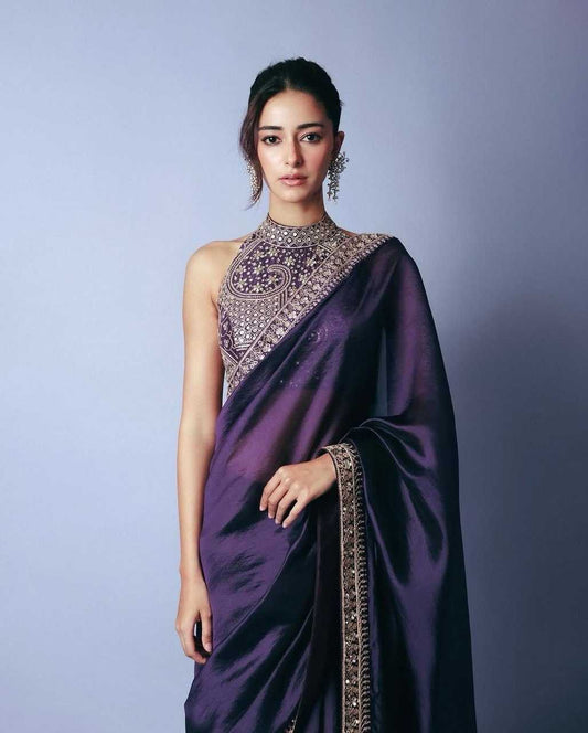Ananya Pandey Purple Jimmy Choo Saree with Thread & Sequin Embroidery – Designer Party Wear - House of ViDi