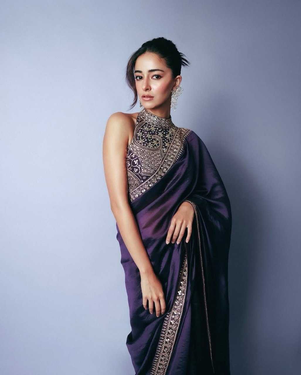 Ananya Pandey Purple Jimmy Choo Saree with Thread & Sequin Embroidery – Designer Party Wear - House of ViDi