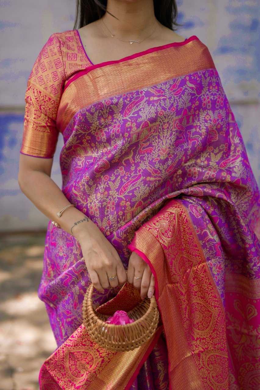 Purple Kanjivaram Silk Bridal Saree with Zari Weaving & Rich Pallu - House of ViDi