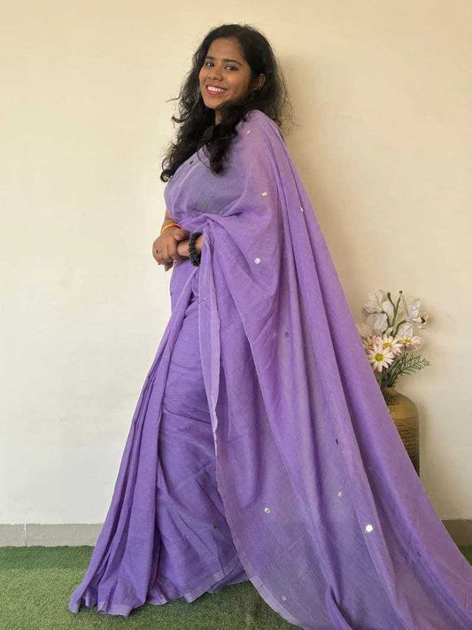 Lavender Khadi Cotton Mirror Work Saree - House of ViDi