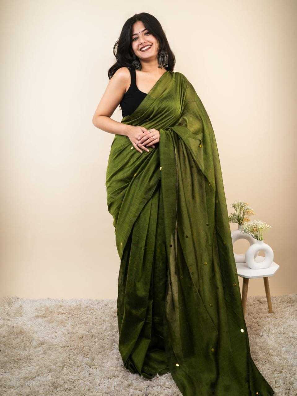 Green Khadi Cotton Mirror Work Saree - House of ViDi