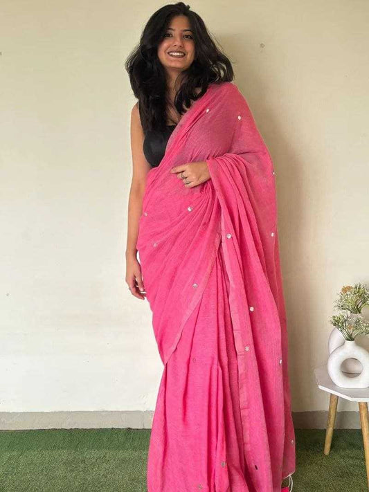 Pink Khadi Cotton Mirror Work Saree