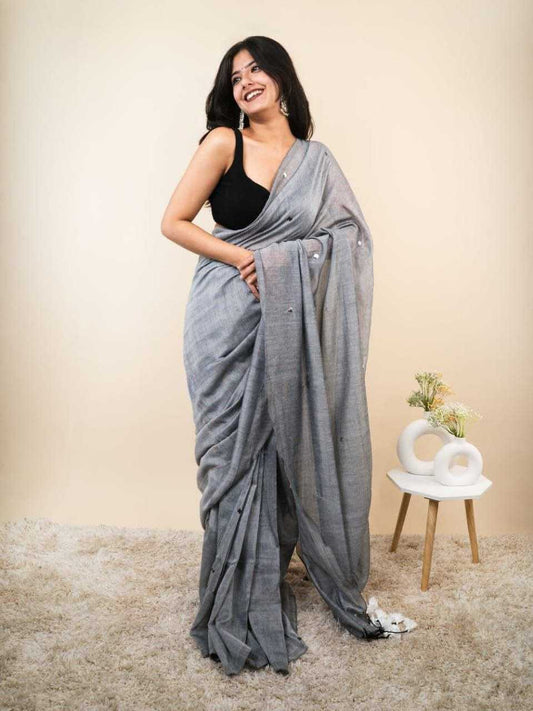 Silver Khadi Cotton Mirror Work Saree