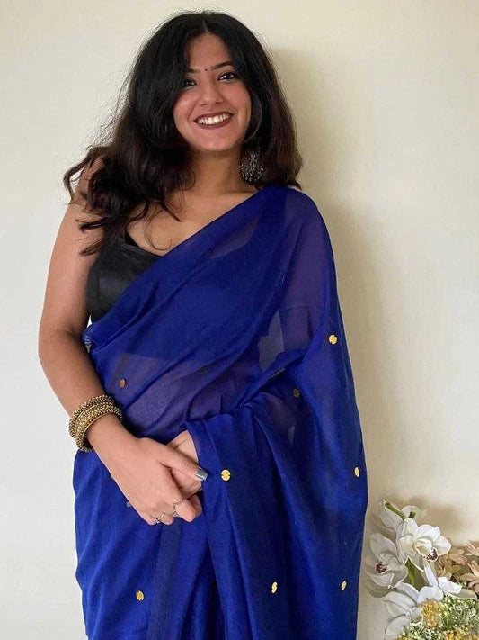 Blue Khadi Cotton Mirror Work Saree