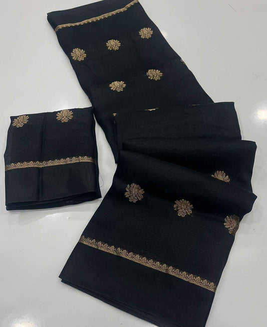 Black Royal Khadi Silk Saree with Jacquard Butti Design & Satin Border