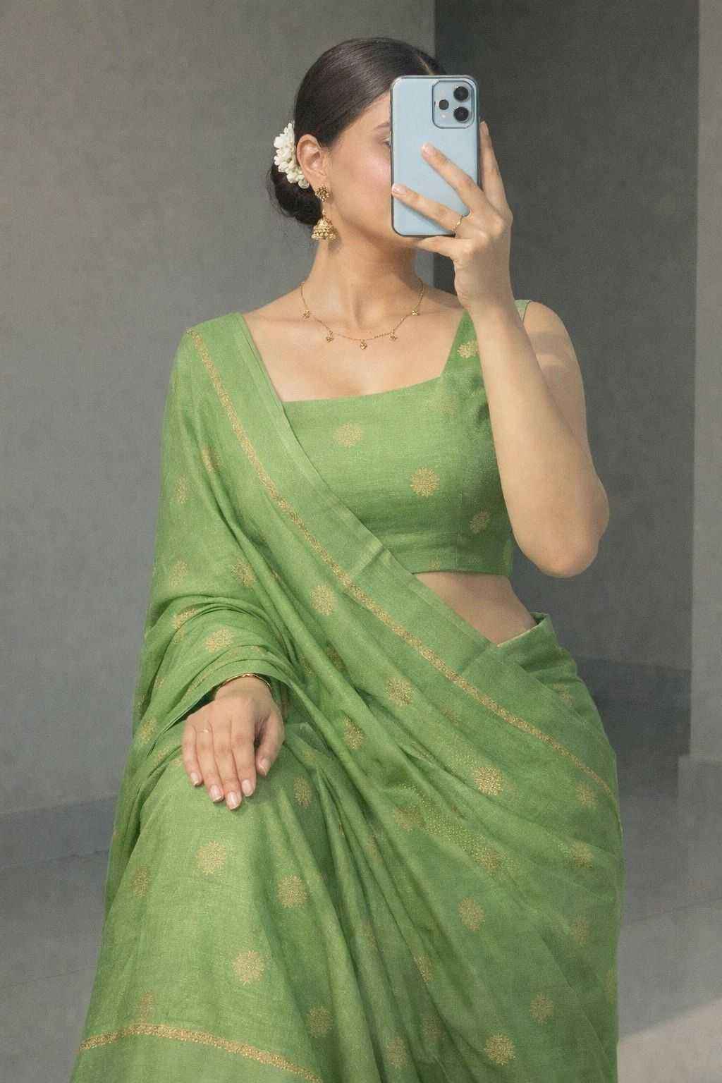 Pista Royal Khadi Silk Saree with Jacquard Butti Design & Satin Border