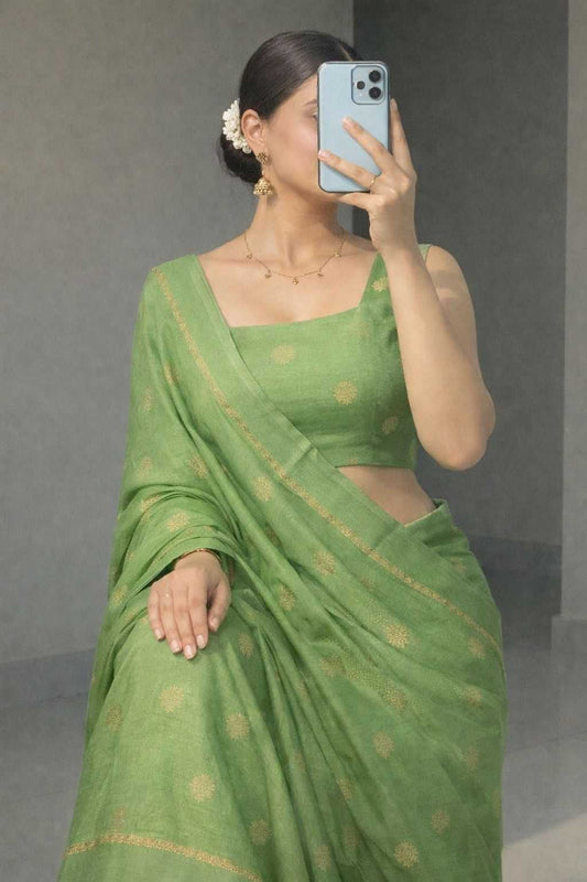 Pista Royal Khadi Silk Saree with Jacquard Butti Design & Satin Border
