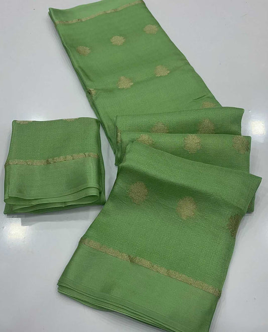 Pista Royal Khadi Silk Saree with Jacquard Butti Design & Satin Border