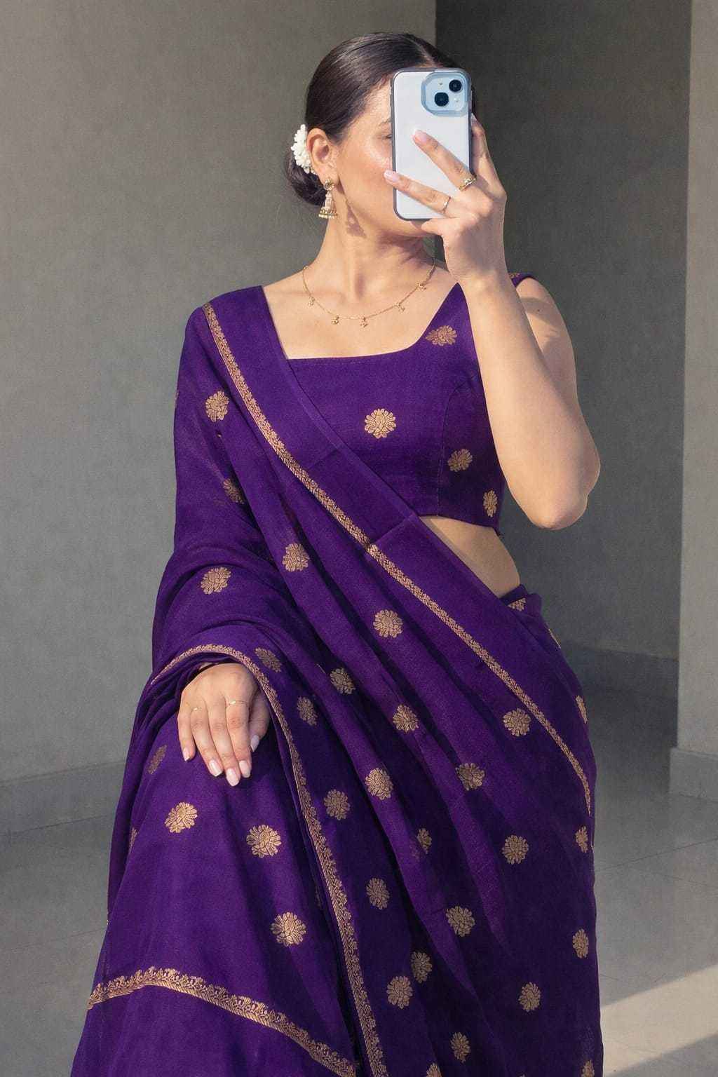 Violet Royal Khadi Silk Saree with Jacquard Butti Design & Satin Border