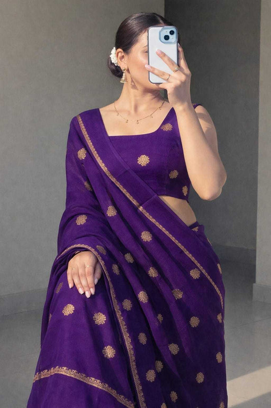 Violet Royal Khadi Silk Saree with Jacquard Butti Design & Satin Border