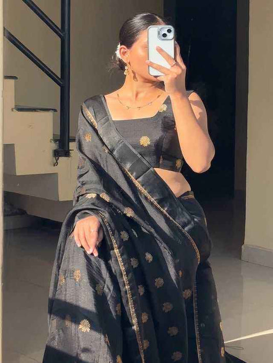 Black Royal Khadi Silk Saree with Jacquard Butti Design & Satin Border