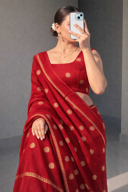 Cherry Royal Khadi Silk Saree with Jacquard Butti Design & Satin Border