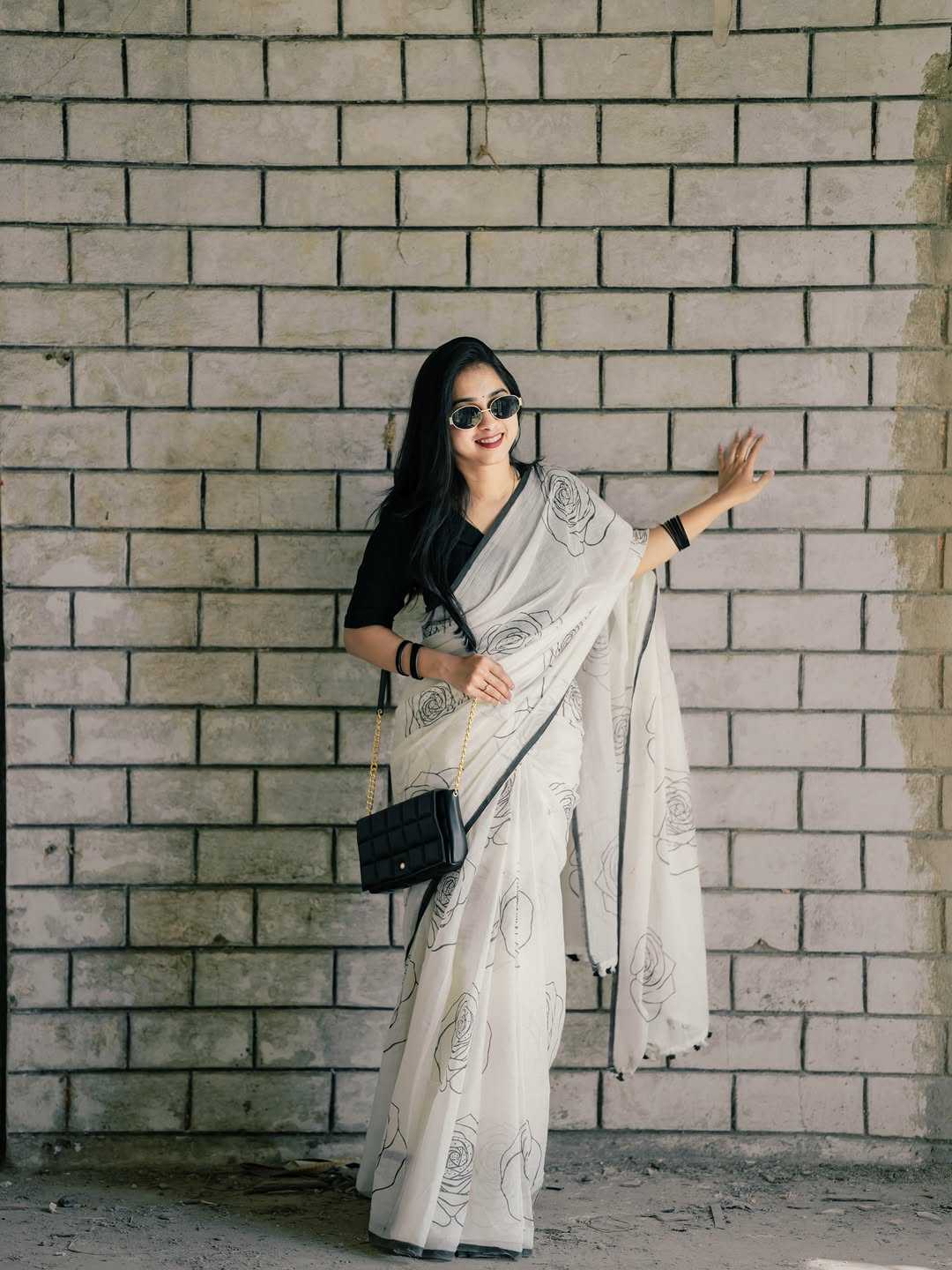 White Printed Linen Saree with Digital Design