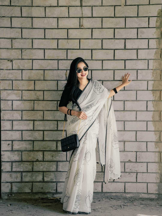 White Printed Linen Saree with Digital Design