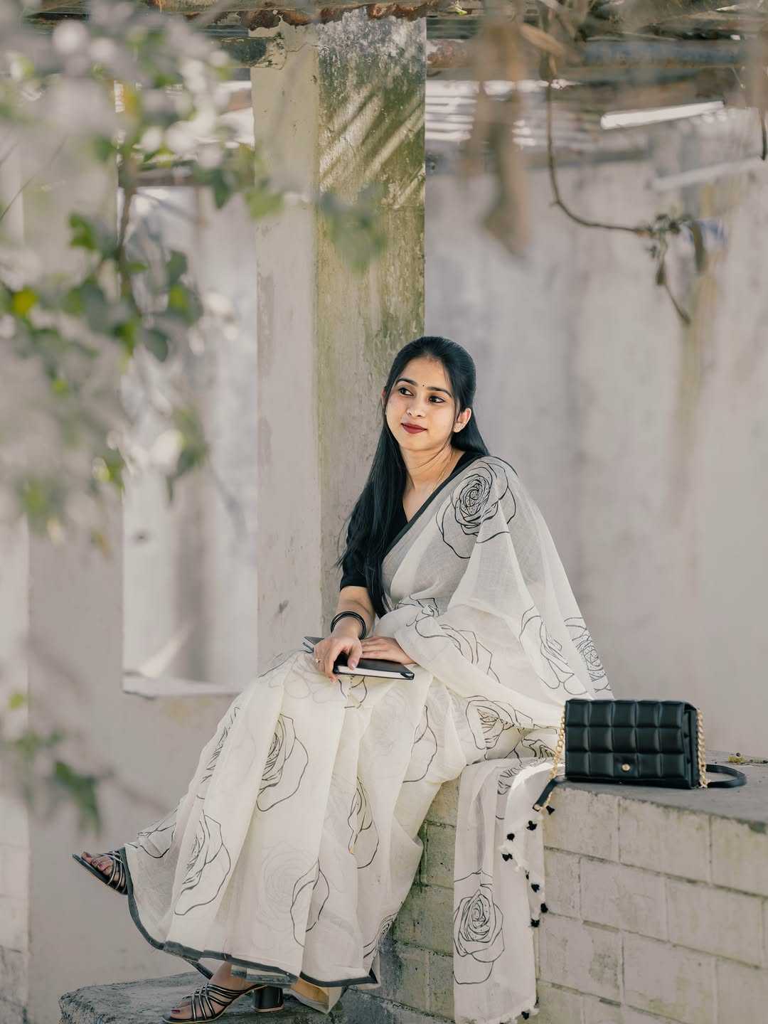White Printed Linen Saree with Digital Design