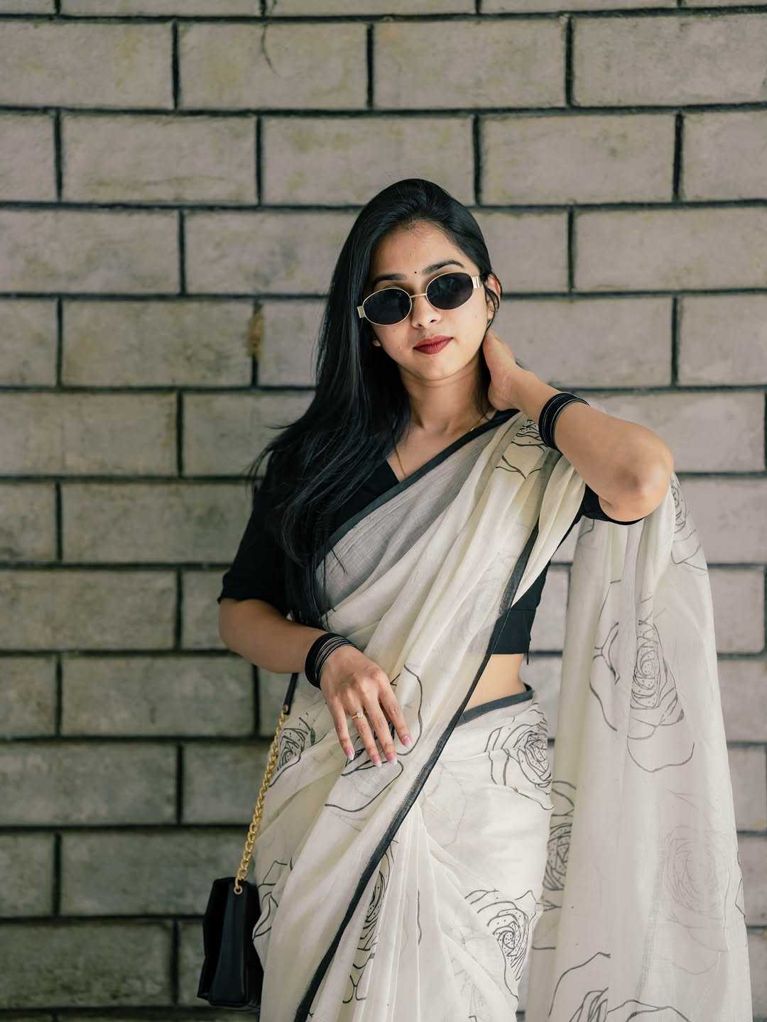 White Printed Linen Saree with Digital Design