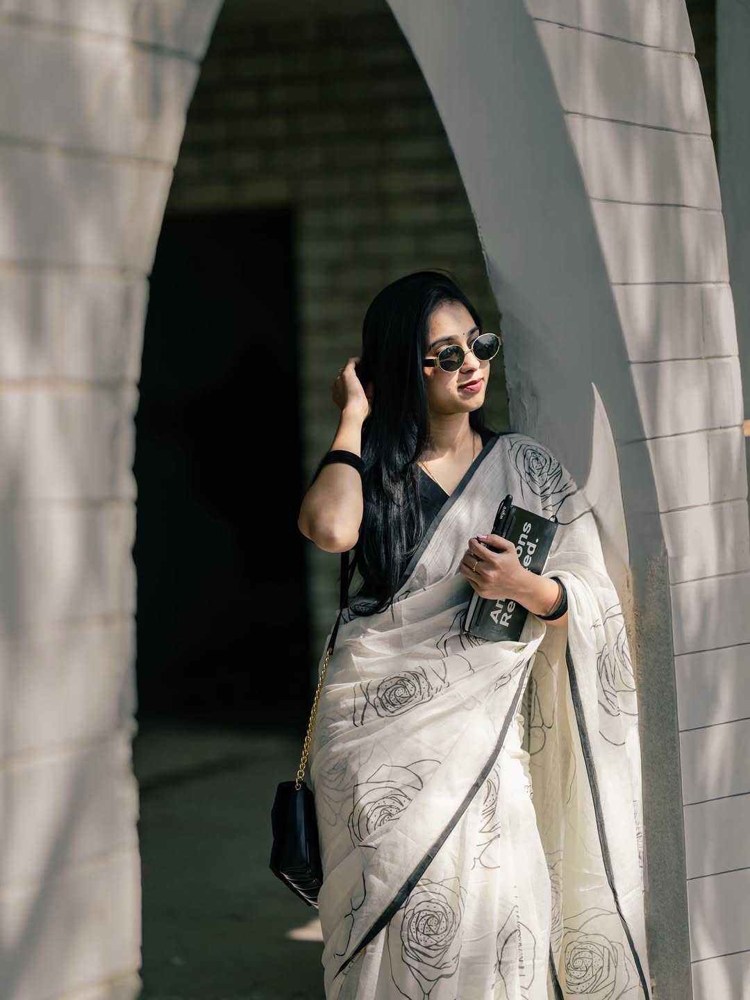 White Printed Linen Saree with Digital Design