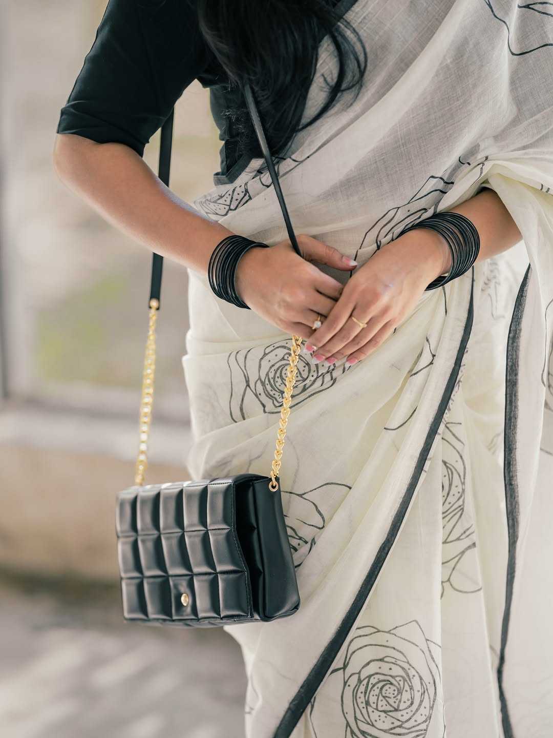 White Printed Linen Saree with Digital Design