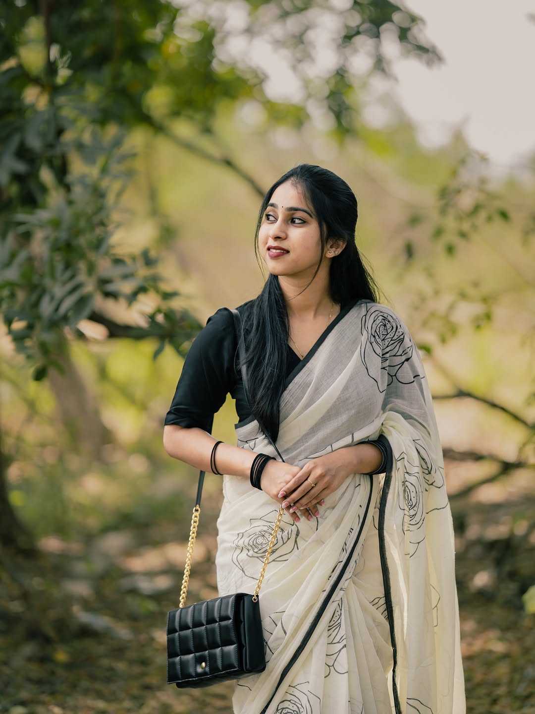 White Printed Linen Saree with Digital Design