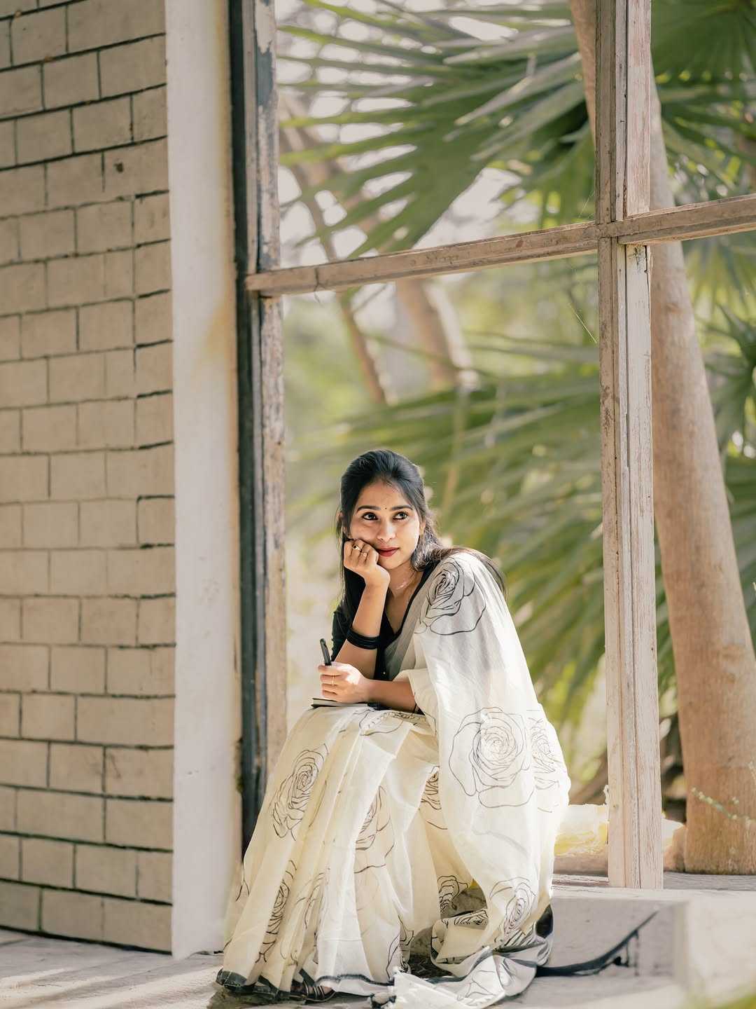 White Printed Linen Saree with Digital Design